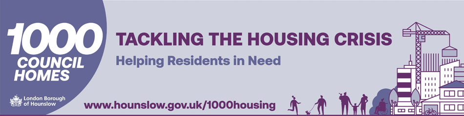 Banner promoting Hounslow Council&#039;s pledge to create 1,000 new homes in the borough