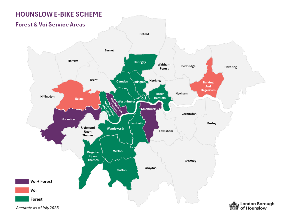 Map of service area for Hounslow's E-Bike Scheme