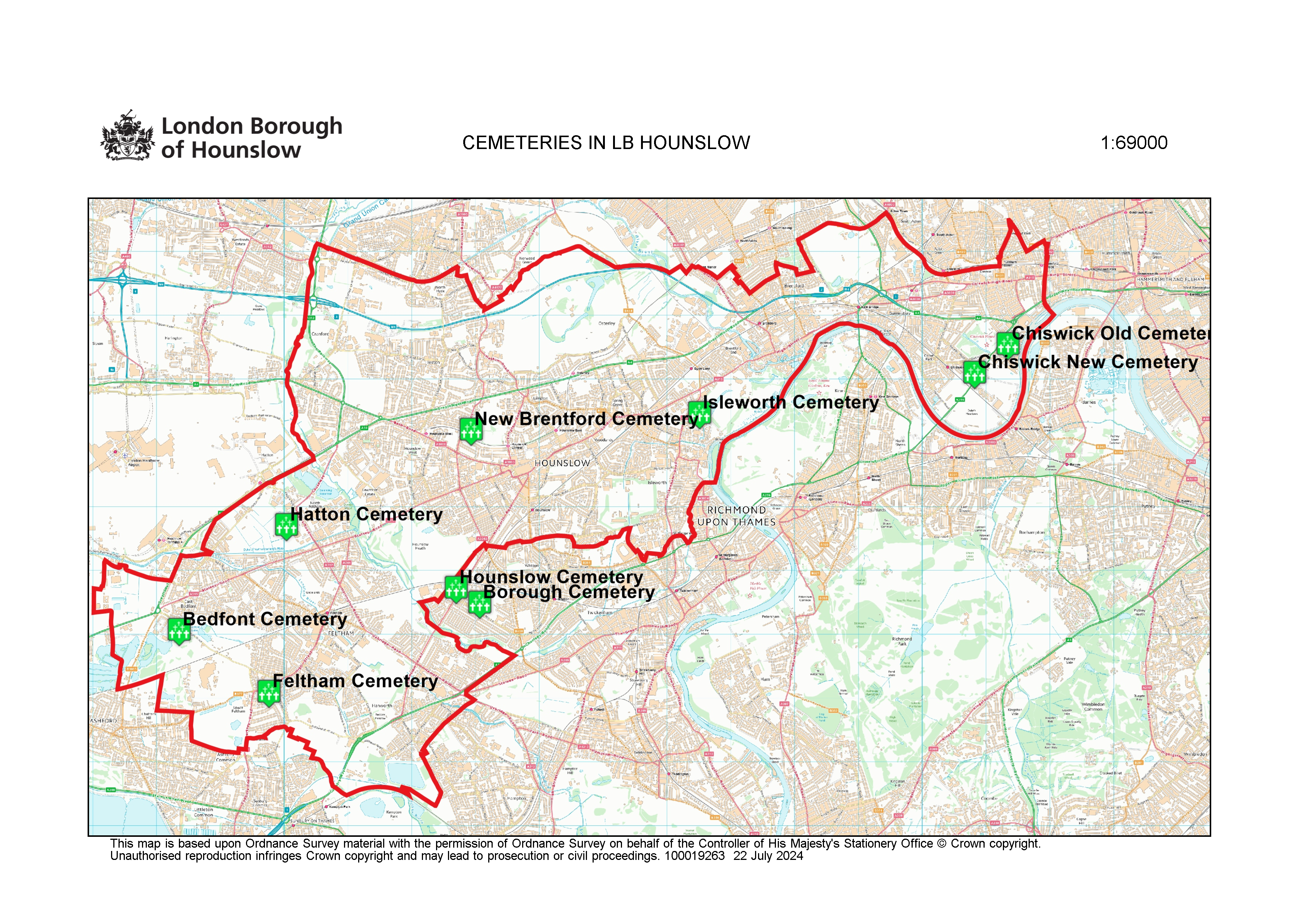 Map of Hounslow with all the cemeteries in Hounslow pinned