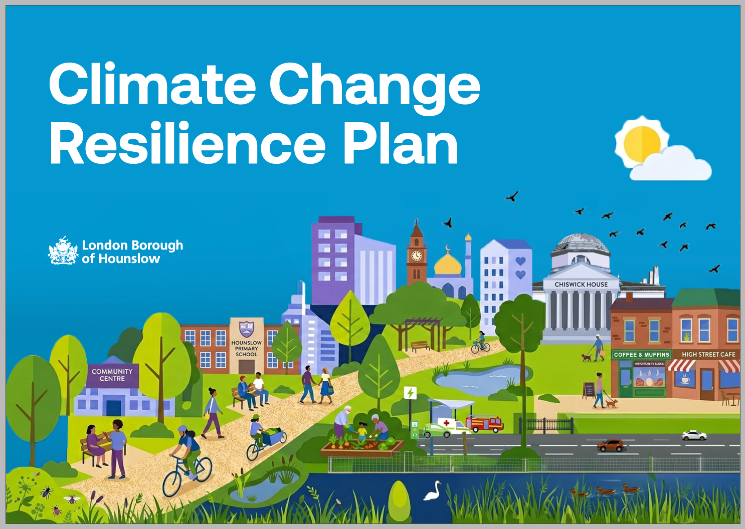 Climate Change Resillience Plan written above a cartoon version of the Hounslow skyline