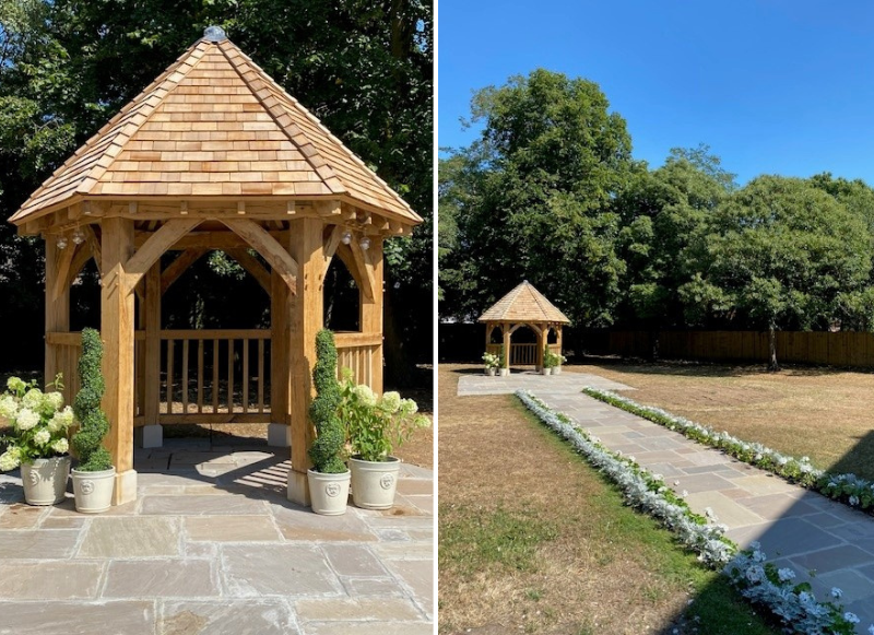 Two images of the gazebo at at Feltham Lodge from different angles