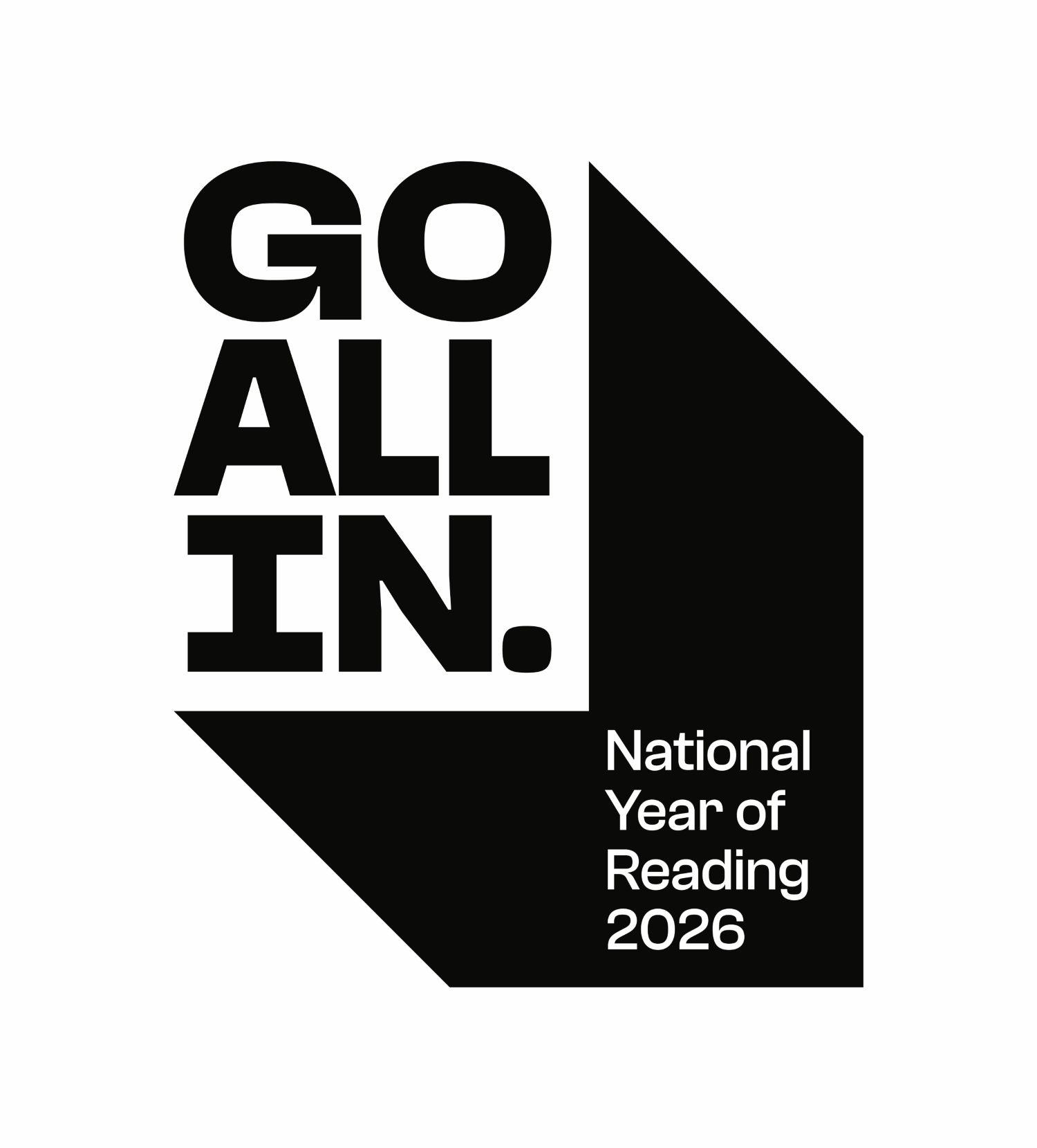 Logo with bold text 'GO ALL IN.' and smaller text 'National Year of Reading 2026' in a geometric black shape.