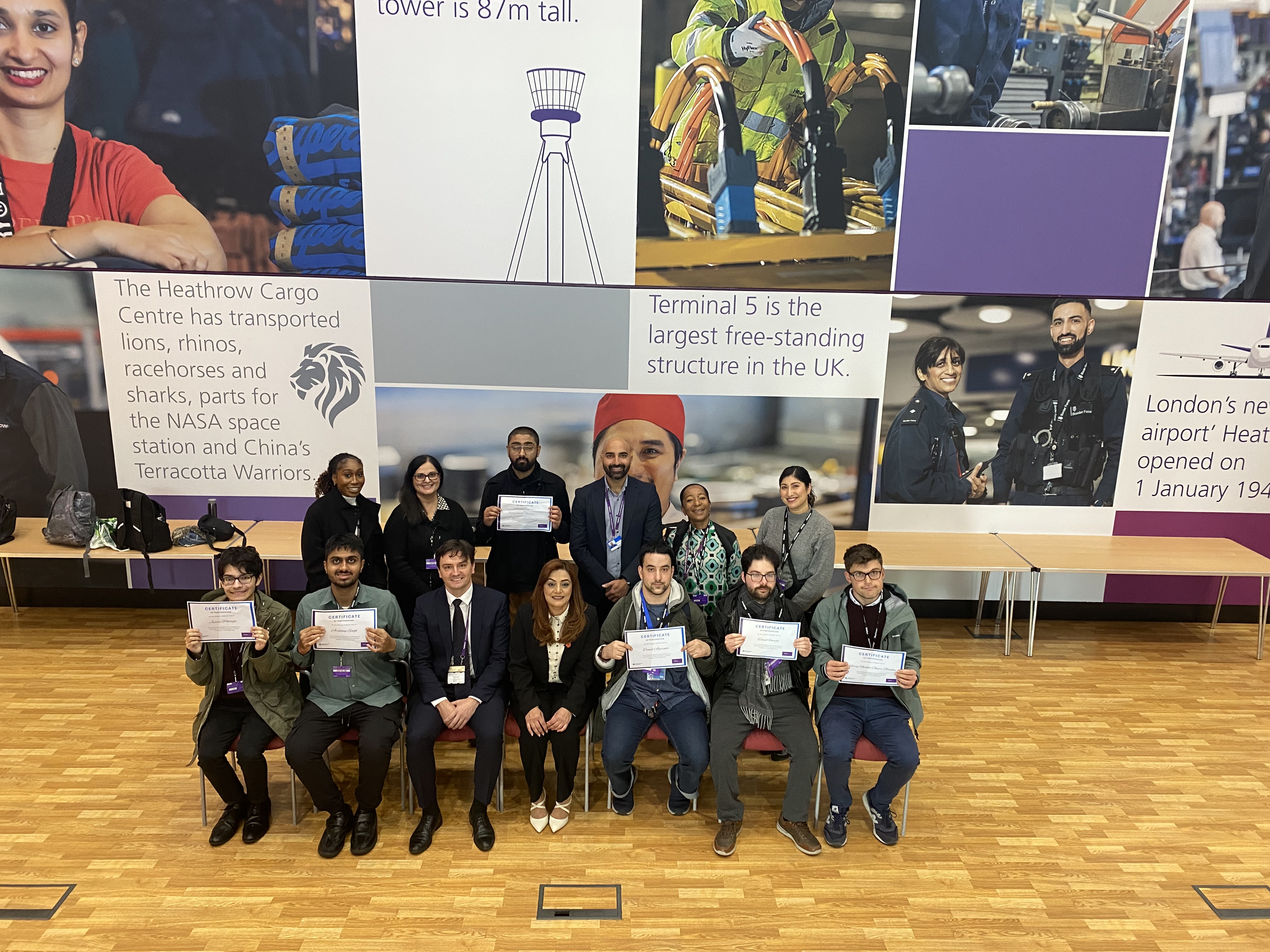 Councillor Samia Chaudhary, Cabinet Member for Education, Children, Skills and Employment, staff from Heathrow Employment and Skills Academy, Hounslow Council staff and young people holding certificates pose for a group photo