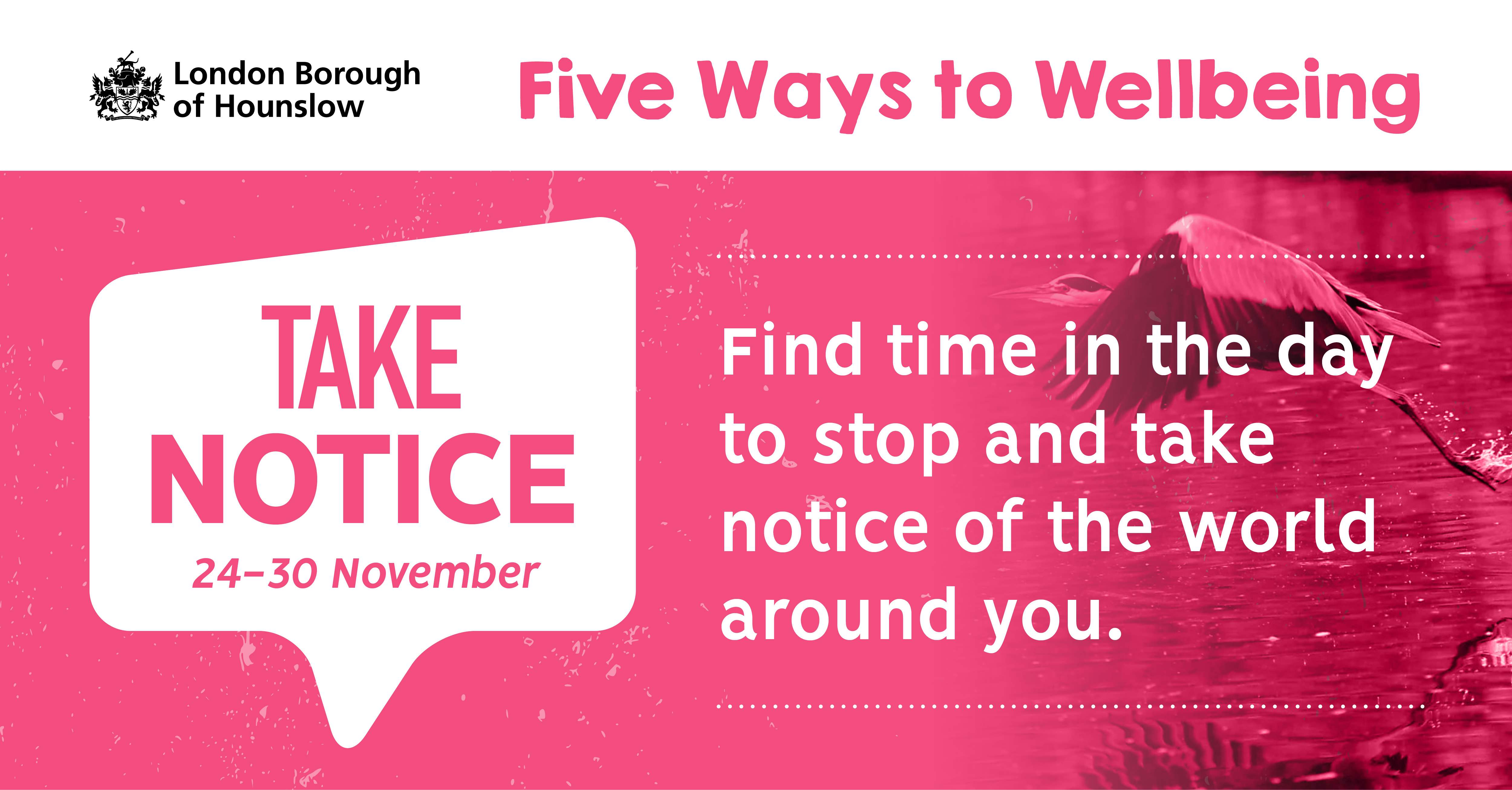 Poster for 'Take notice' event - Five ways to Wellbeing
