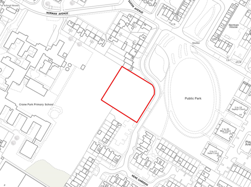Black‑and‑white site map showing local streets, a public park, and Crane Park Primary School, with a specific plot of land outlined in red. The plot of land refers to the former Crane Community Centre off Nene Gardens.