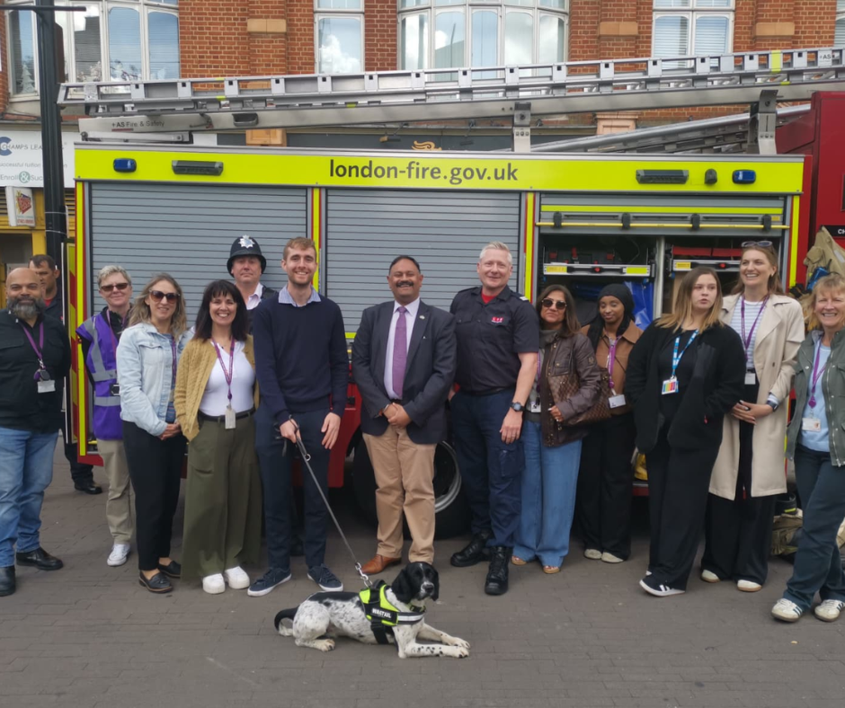 Members of the council's enforcement team and sniffer dog with partner organisations and Council Leader Cllr Shantanu Rajawat