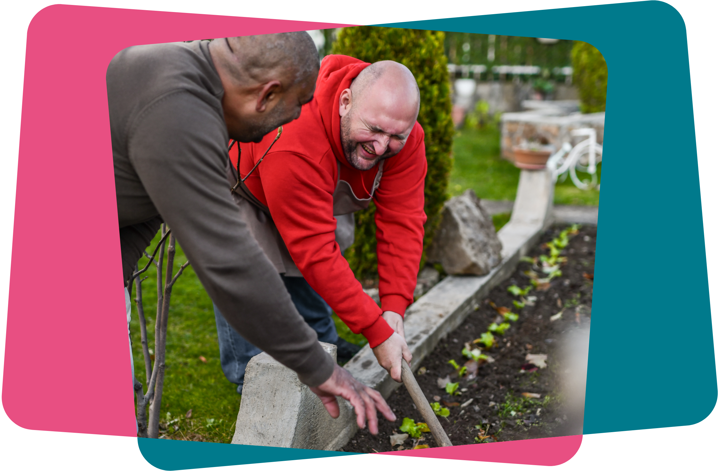 Carer and cared for person gardening