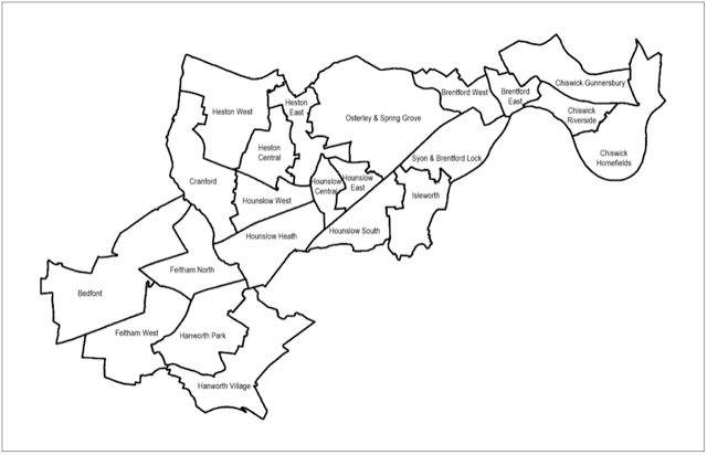 Map of Hounslow showing different wards