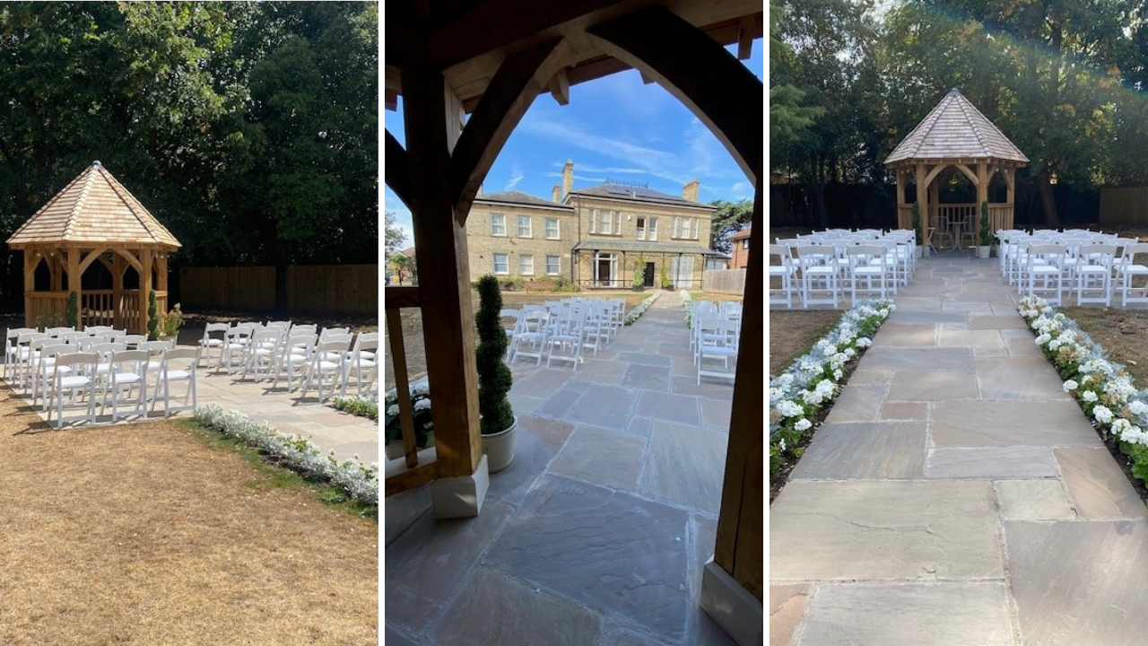 Three images of the chairs and gazebo in the Feltham Lodge Garden