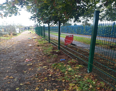 Footpath beside a new green metal fence, with fallen leaves on the ground and a road visible beyond the fence.