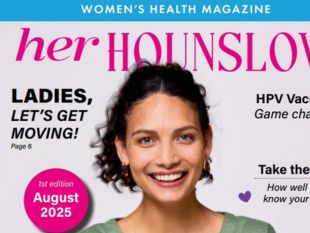 'Her Hounslow' magazine cover shows a smiling woman, with article highlights on health and fitness. It’s the 1st edition, August 2025.