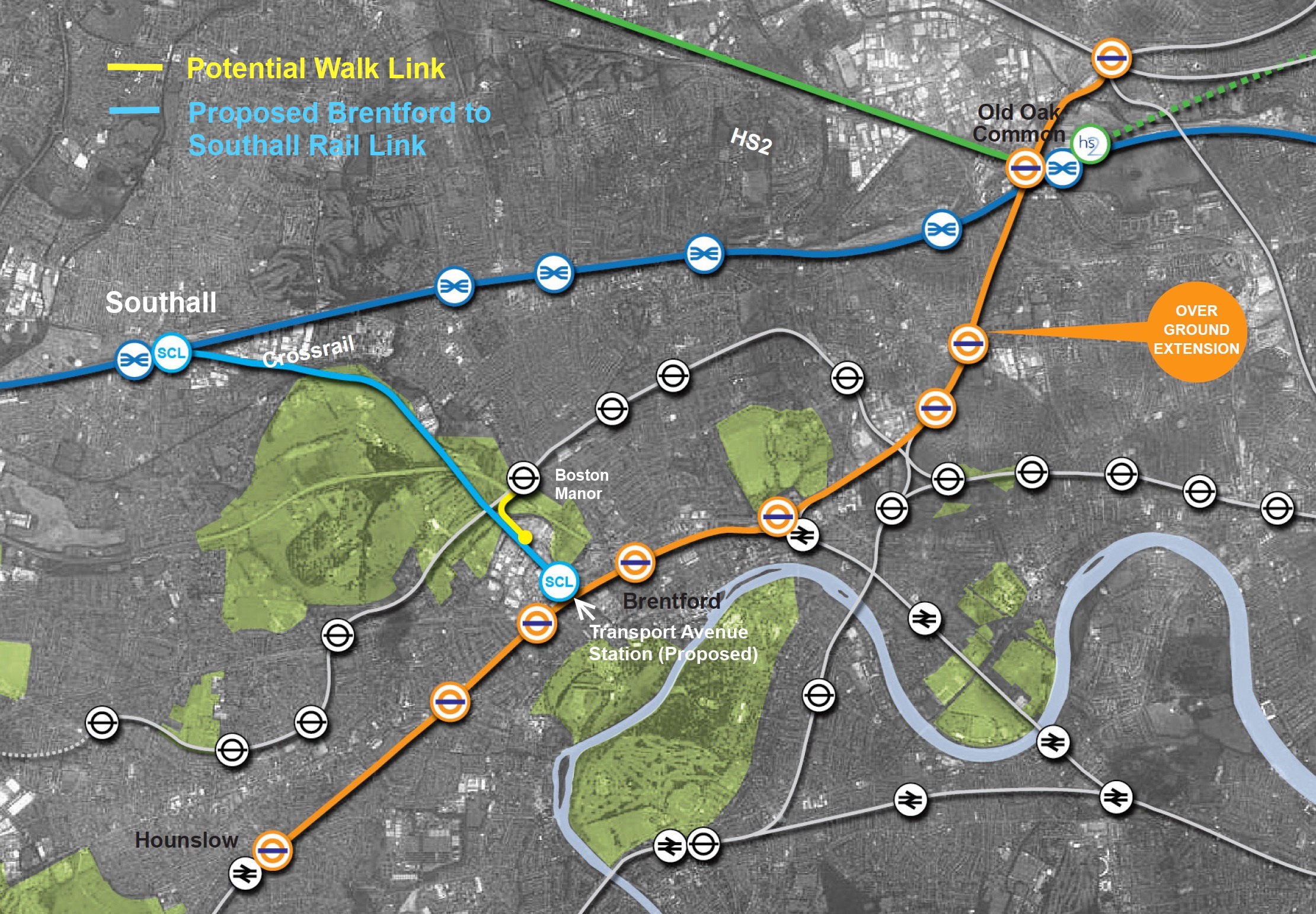 Map of rail route from Southall to Brentford