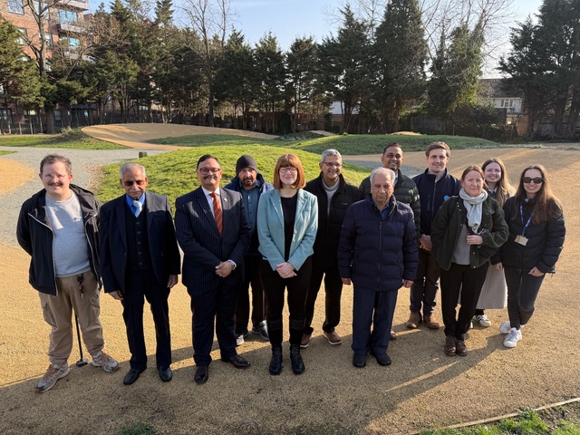 Councillors and partners on the cycle track at Beaversfield Park