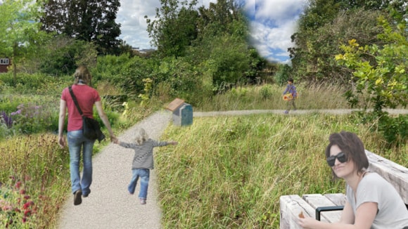 A parent and child walk along a path