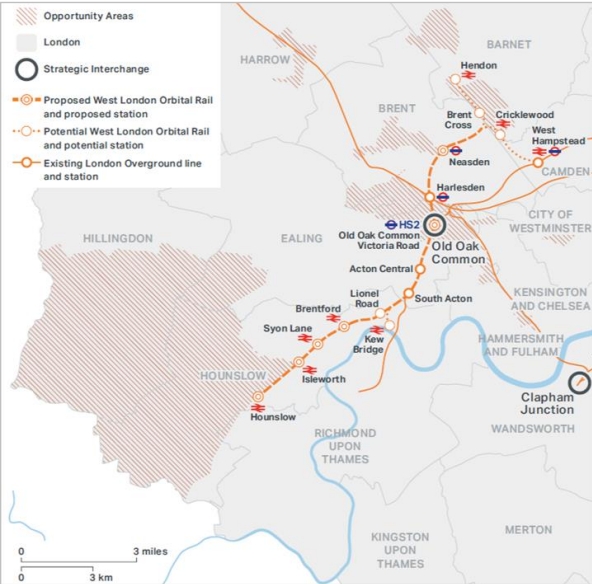 Map showing railway route from Hounslow to north west London