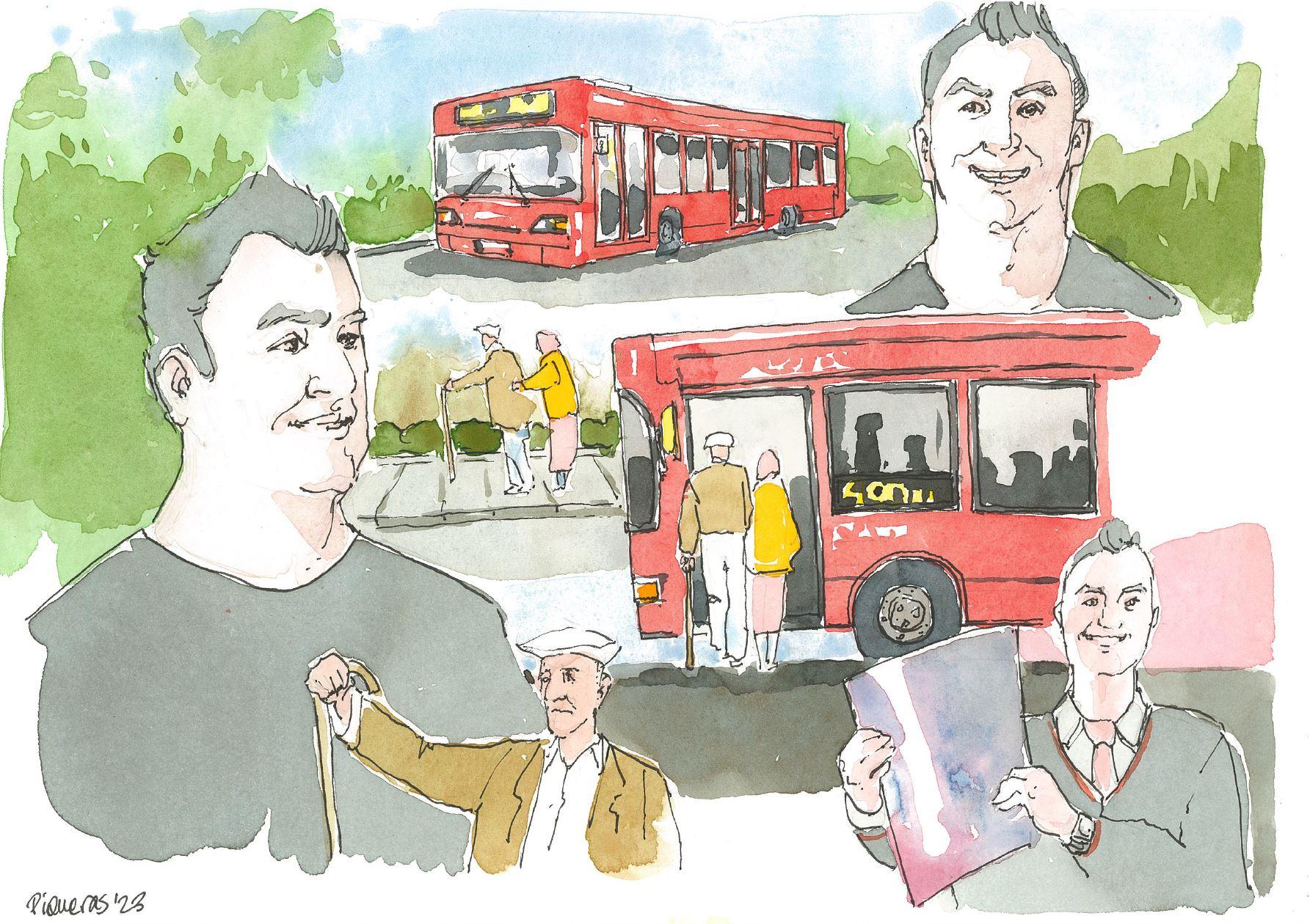 Artist illustration of red buses in the community
