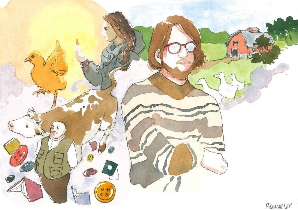 Jasias Stories water colour image of farm related  people and animals.