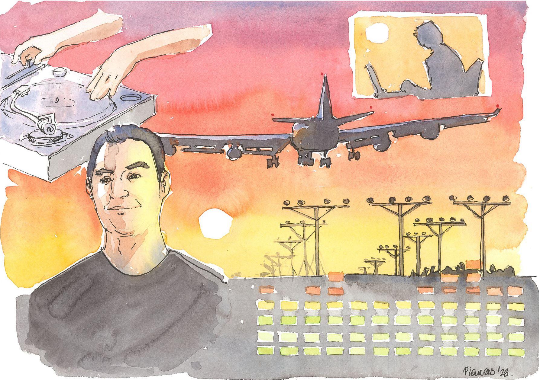 Image of sunrise, dj decks, a person and a building.