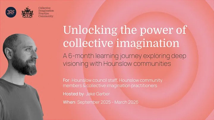 Promotion for 'The Hounslow Collective Imagination Huddle' - a 6-month learning journey exploring deep visioning with Hounslow communities.
