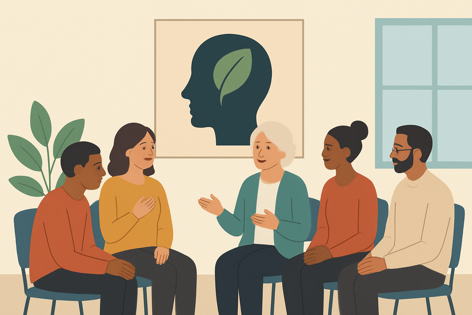 Illustration of a group sitting together and talking