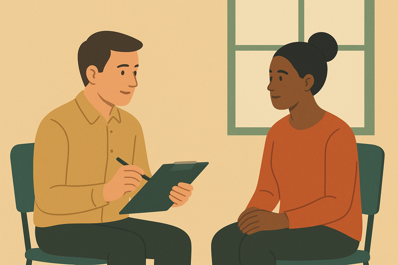Illustration of two people sat together, one interviewing the other.